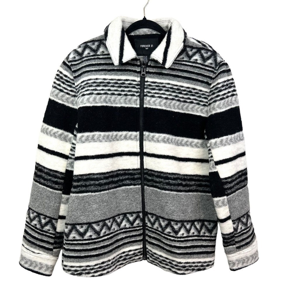 Forever 21 Jacket Coat Wool Blend Full Zip Lined SIde Pockets Geo Print Men Sz M